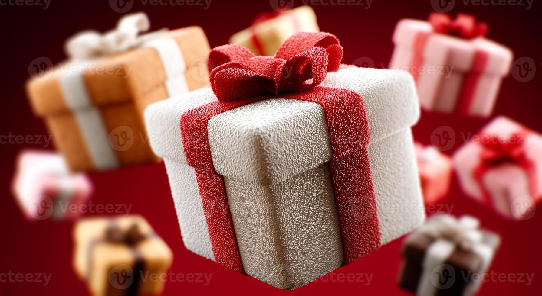 A collection of vibrant gift boxes with decorative bows is seen against a rich red backdrop. These festive items capture the essence of fall holidays, creating a cheerful and inviting atmosphere. photo