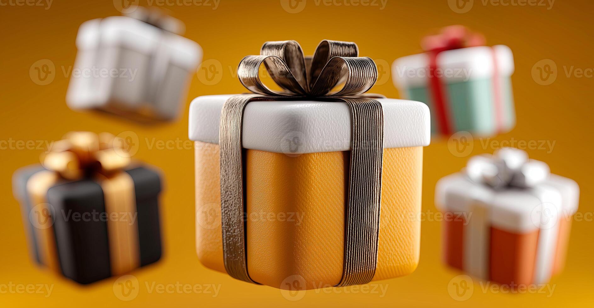 Colorful gift boxes with intricate bows hover in mid-air against a warm yellow backdrop. They represent the festive spirit of the fall season and the joy of holiday giving. photo
