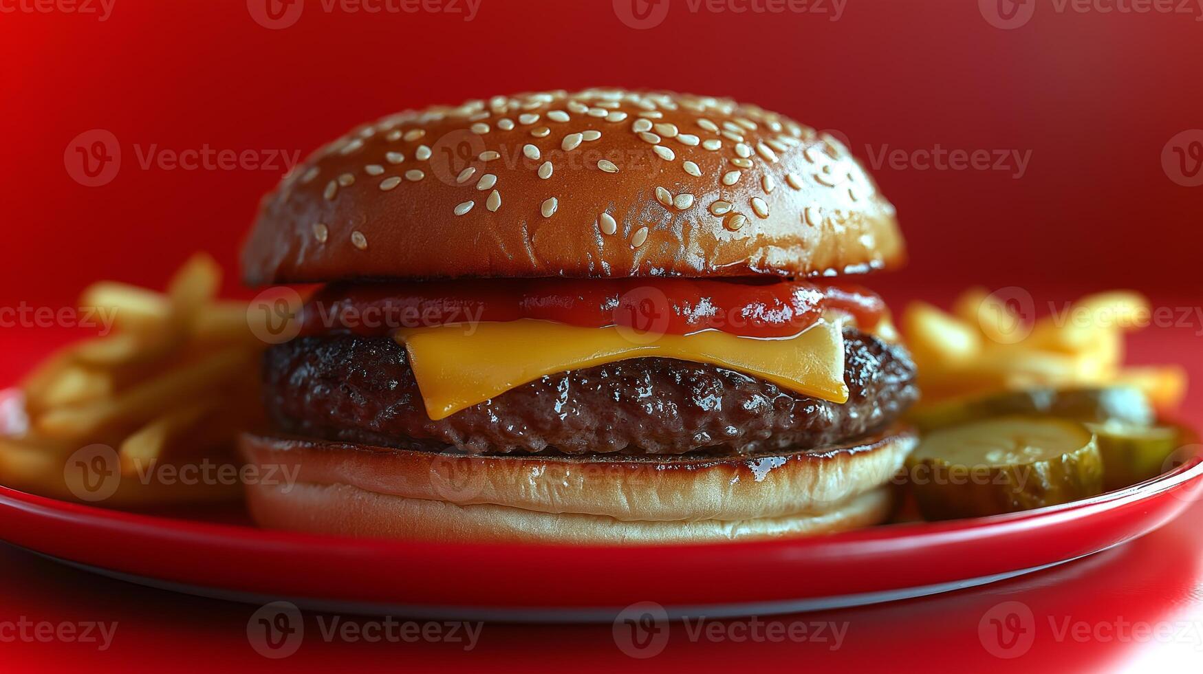 Juicy cheeseburger stacked with melted cheese and ketchup, accompanied by golden crispy fries and fresh pickles on a vibrant red plate. Ideal for a quick meal in a relaxed environment. photo