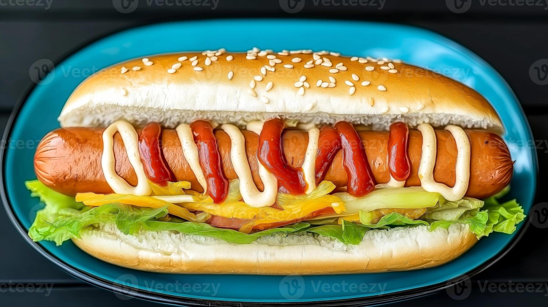 Fresh hot dog placed in a sesame seed bun is generously topped with mustard and ketchup. Crisp lettuce and colorful vegetables add a refreshing touch to this classic dish. photo