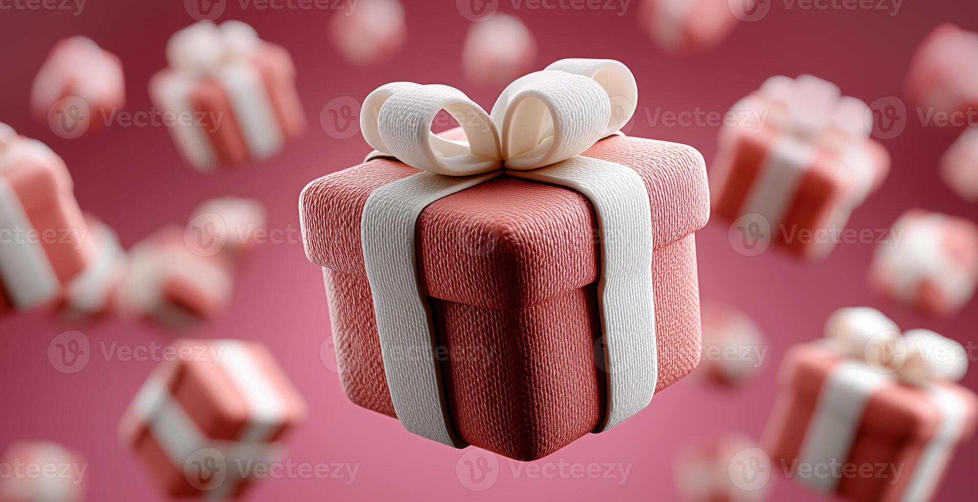 A beautifully wrapped gift in red, adorned with a delicate bow, floats against a blurred background. This festive item embodies the spirit of fall holidays and joyful giving traditions. photo
