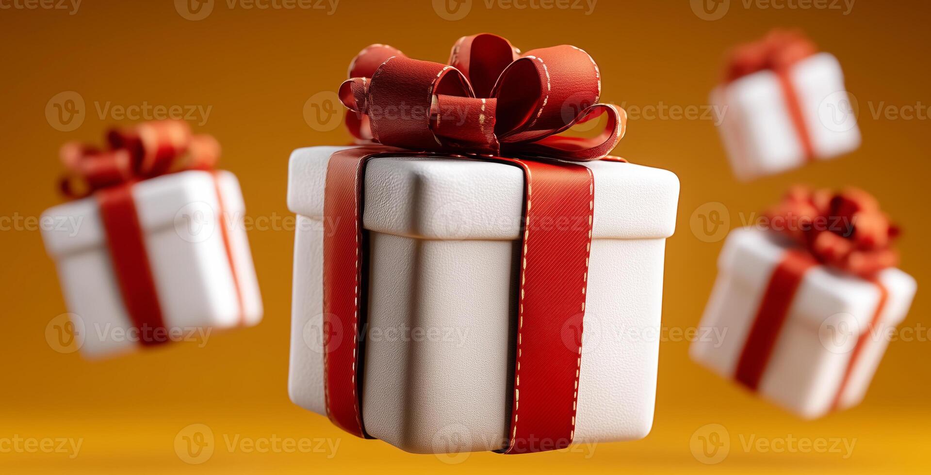 Colorful gift boxes adorned with red ribbons and bows appear to float in the air against a warm golden background. These decorative presents symbolize the joy of the fall holiday season. photo