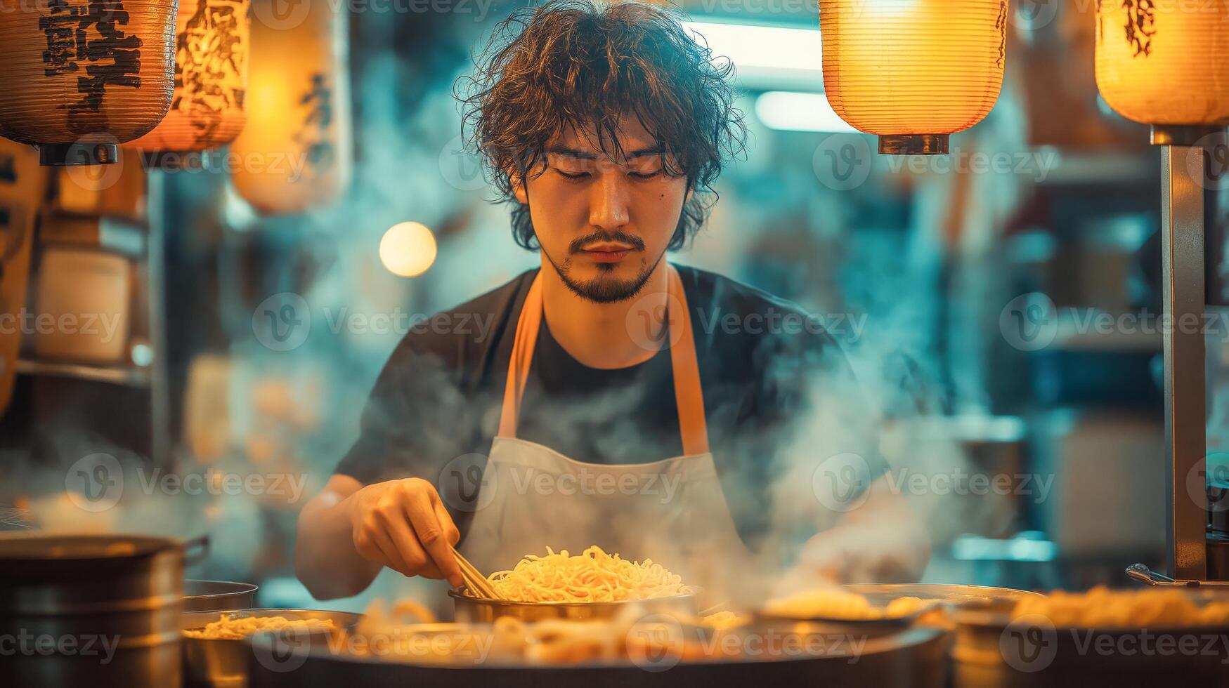 A young male chef focuses intently while cooking, surrounded by glowing lanterns and the hustle of a vibrant night market. Steam rises from a pot as he stirs noodles. photo