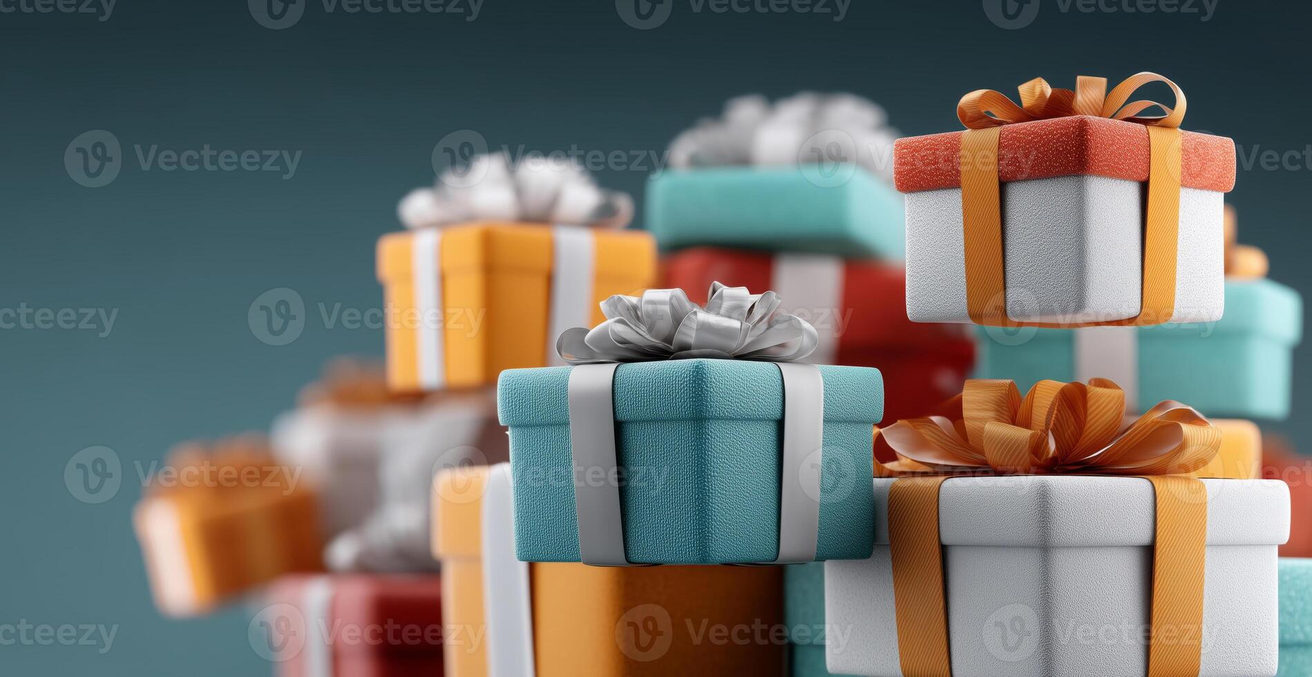 A collection of vibrant gift boxes neatly stacked, showcasing various colors and decorative bows, adding a joyful touch to a holiday atmosphere during the fall season. photo