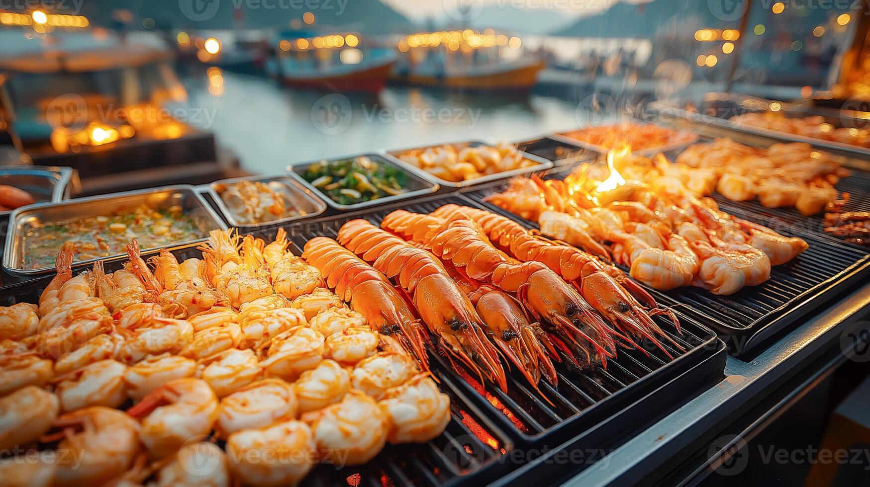 Grilled seafood sizzles on a barbecue at dusk, surrounded by colorful boats and a bustling market atmosphere, showcasing fresh catches on display. photo