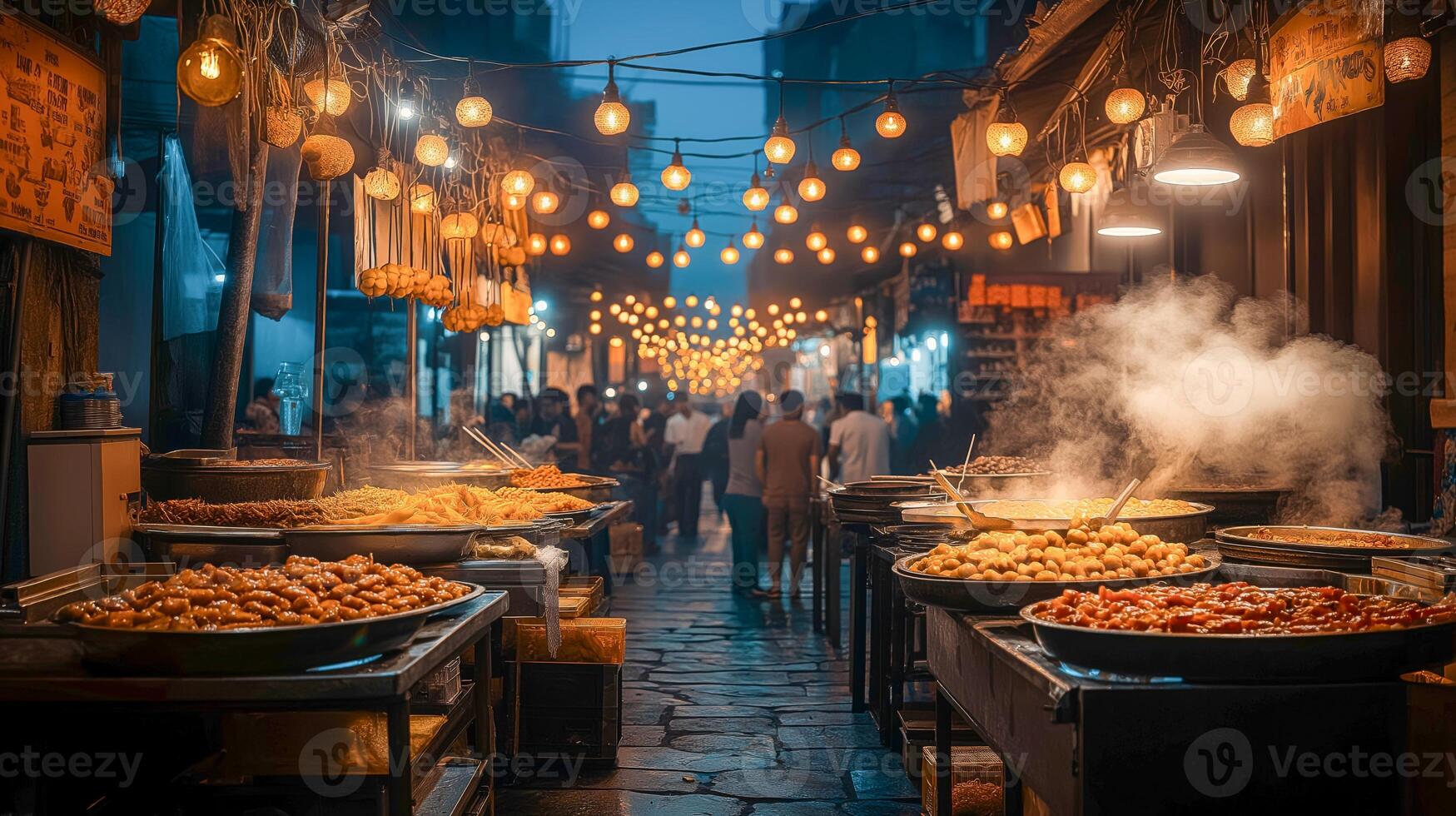 Vibrant street market at dusk showcases various food stalls filled with delicious offerings. Glowing lanterns illuminate the lively atmosphere as visitors explore the scene. photo