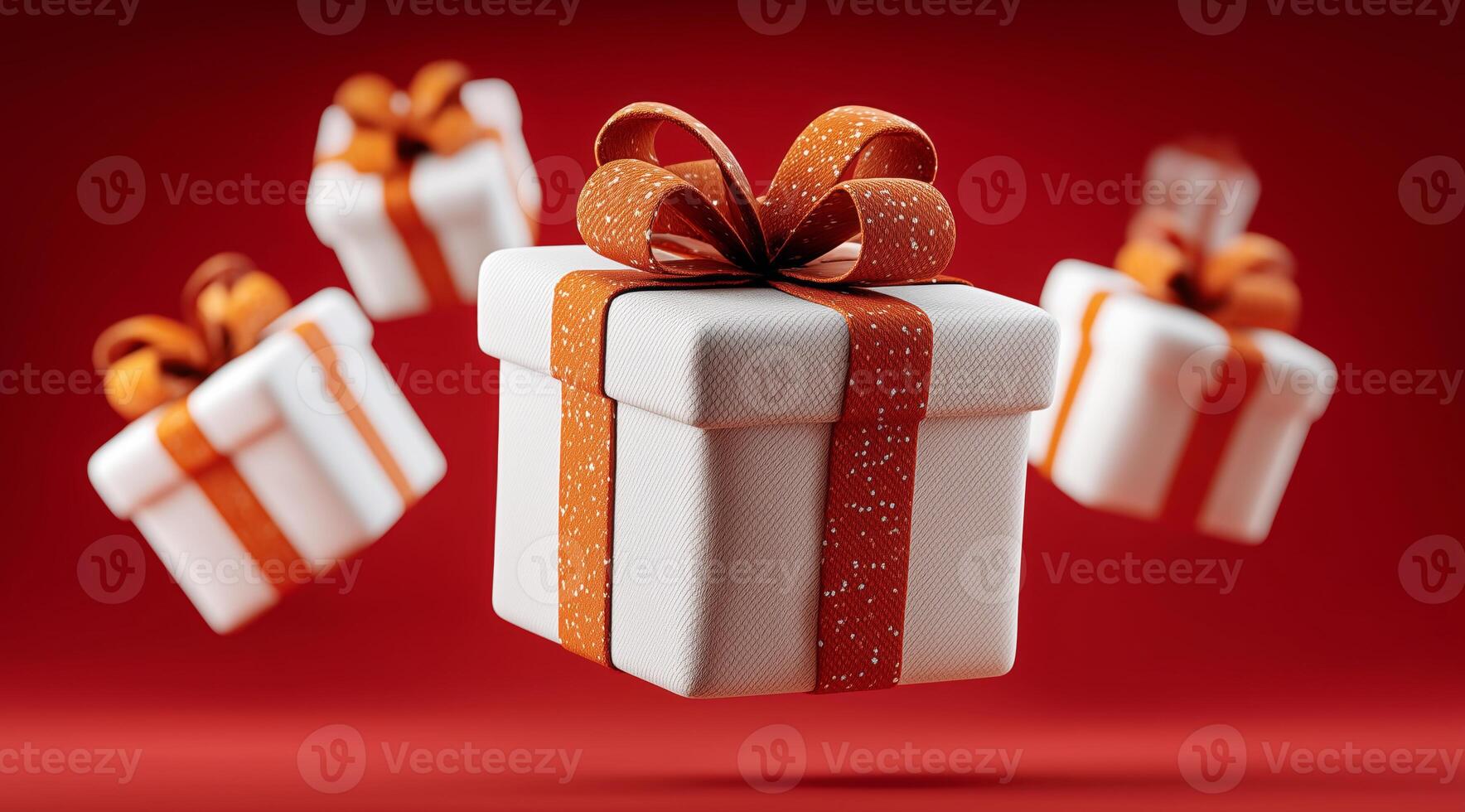 Colorful gift boxes adorned with vibrant bows are suspended in mid-air against a bright red backdrop, creating a festive atmosphere suitable for fall holidays and celebrations. photo