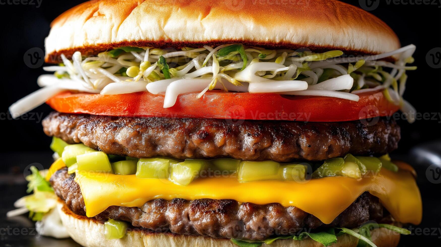 Delicious burger features two grilled patties topped with cheddar cheese, fresh lettuce, tomato, pickles, and bean sprouts, creating a mouthwatering meal ideal for lunch or dinner. photo