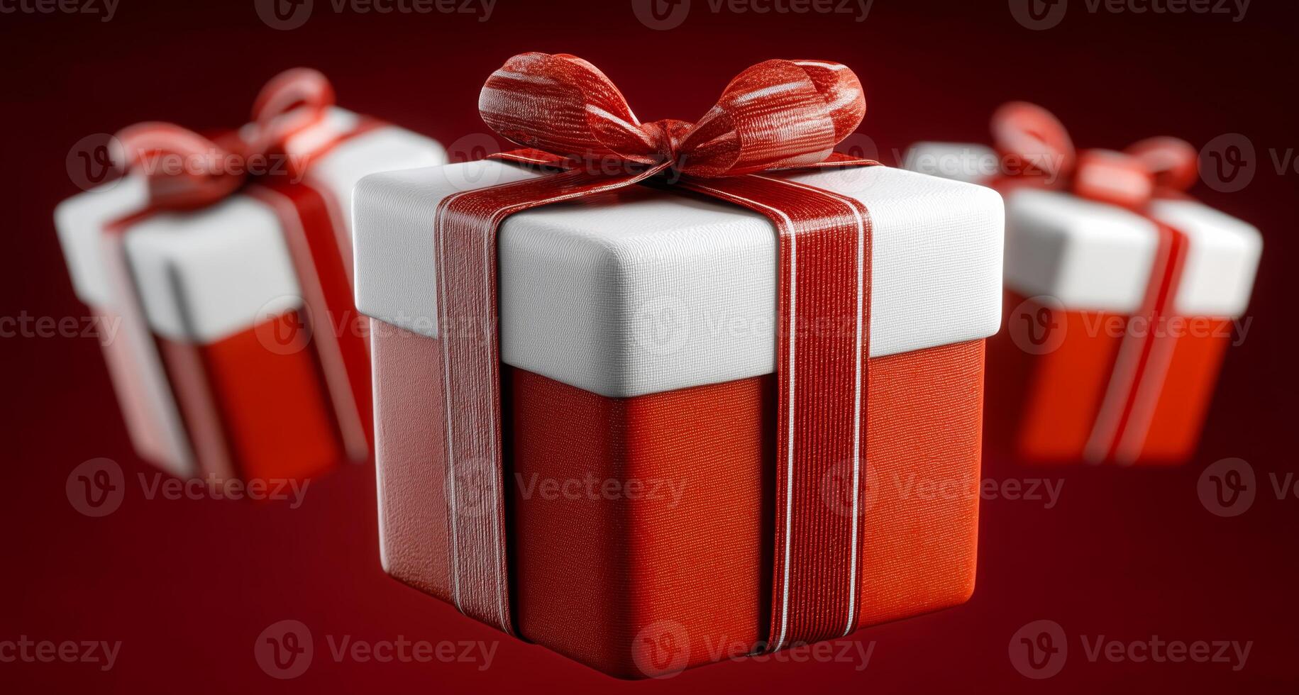 Three beautifully wrapped gift boxes in red and white, adorned with elegant bows, hover against a rich red background, evoking the joy and excitement of the fall holiday season. photo