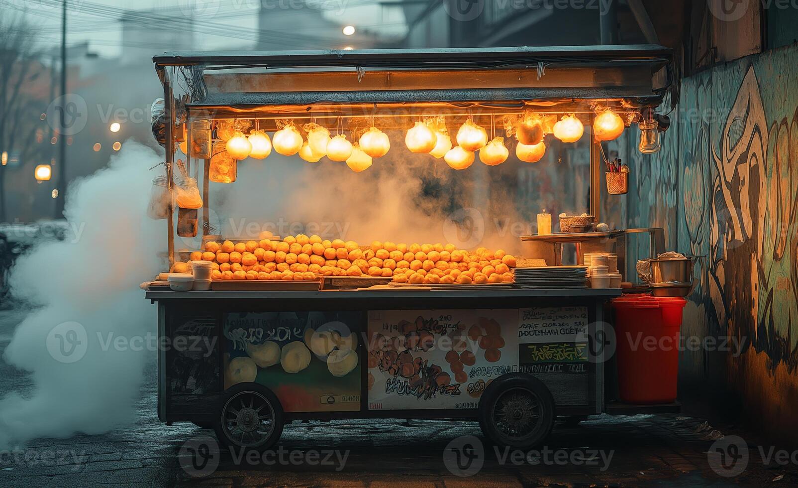 A food cart displays an array of tasty snacks under bright lights in a colorful urban environment. Steam billows as evening falls, creating a lively atmosphere for passersby. photo