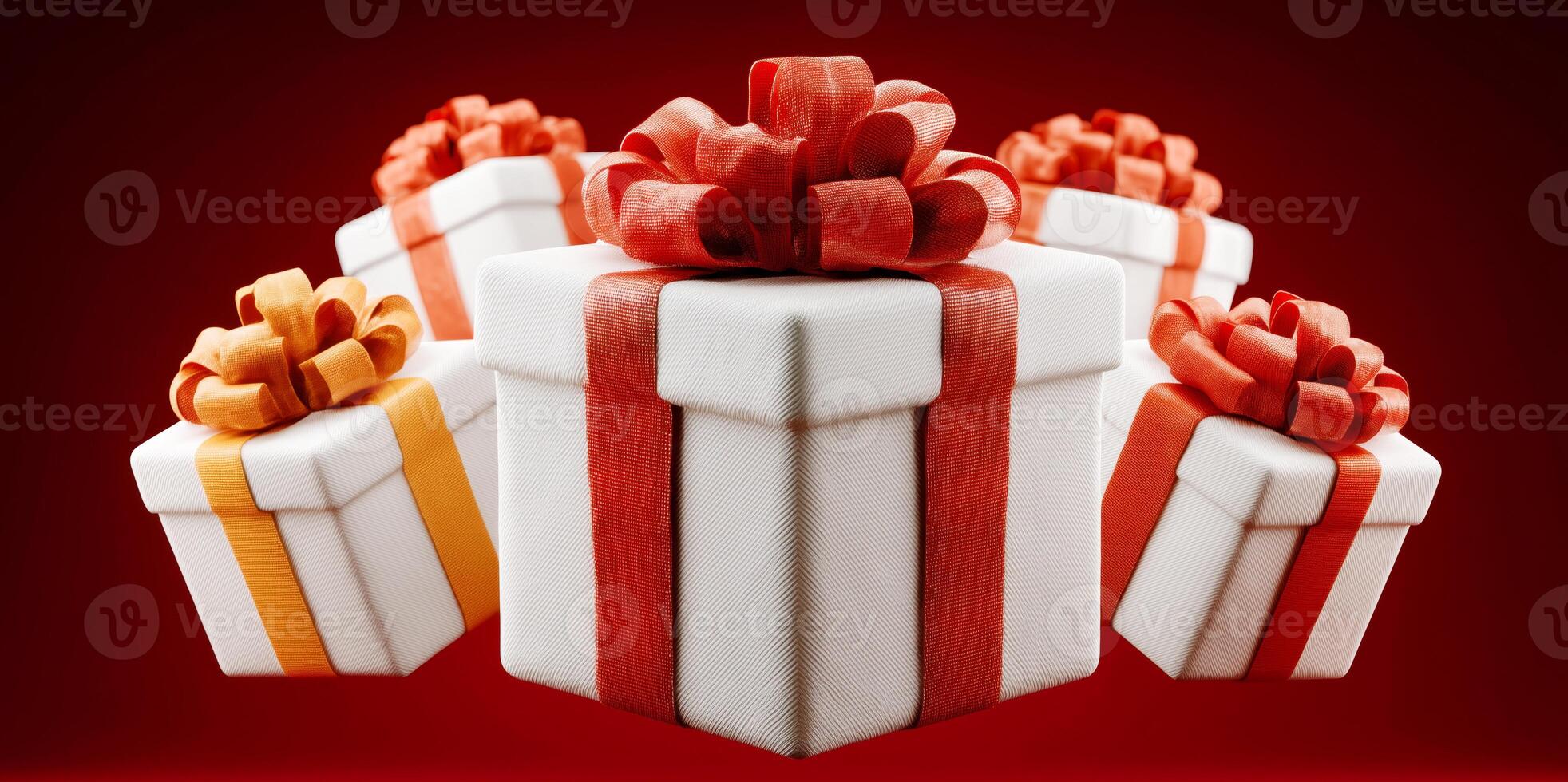 A collection of elegantly wrapped gifts with bright red and orange bows stands against a rich red background, capturing the essence of the fall holiday season and celebration. photo