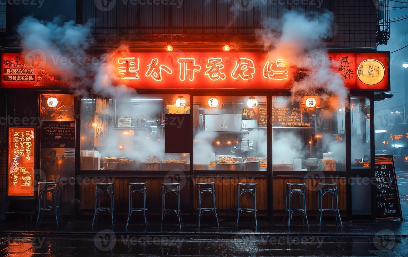 Colorful street food stall attracts attention with bright neon signs in a busy city, steam rising from the kitchen, creating a warm ambiance in the cool, rainy atmosphere. photo