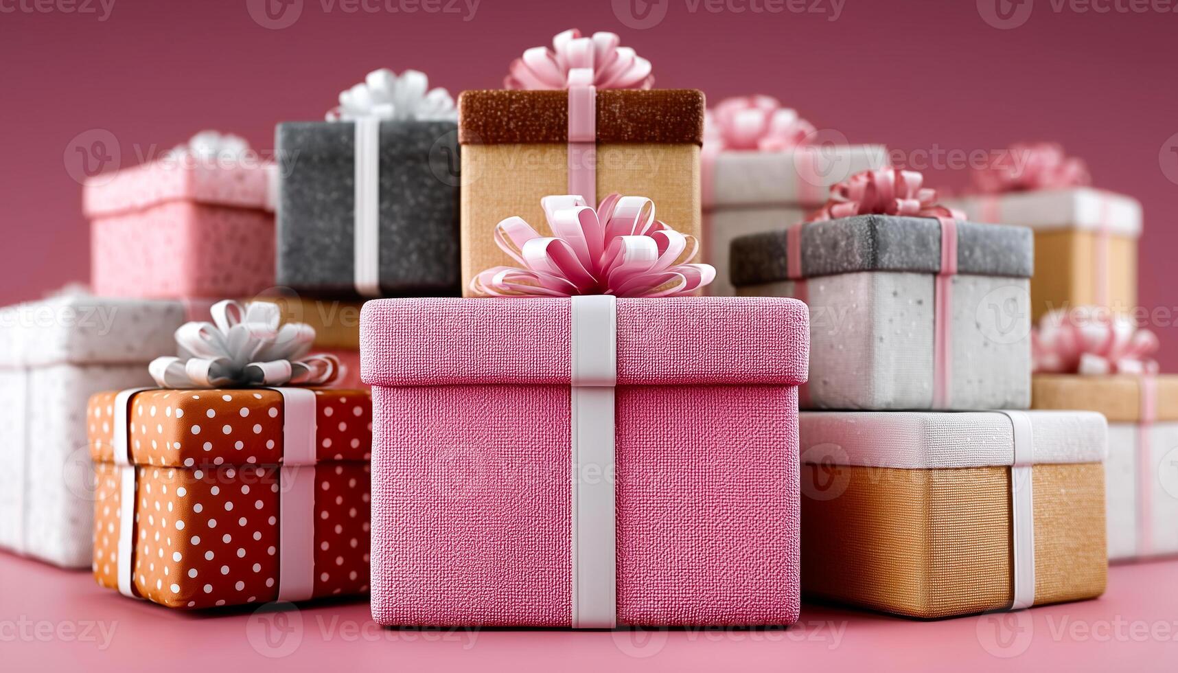A collection of decorative gift boxes in various colors including pink and red, all adorned with bows. photo