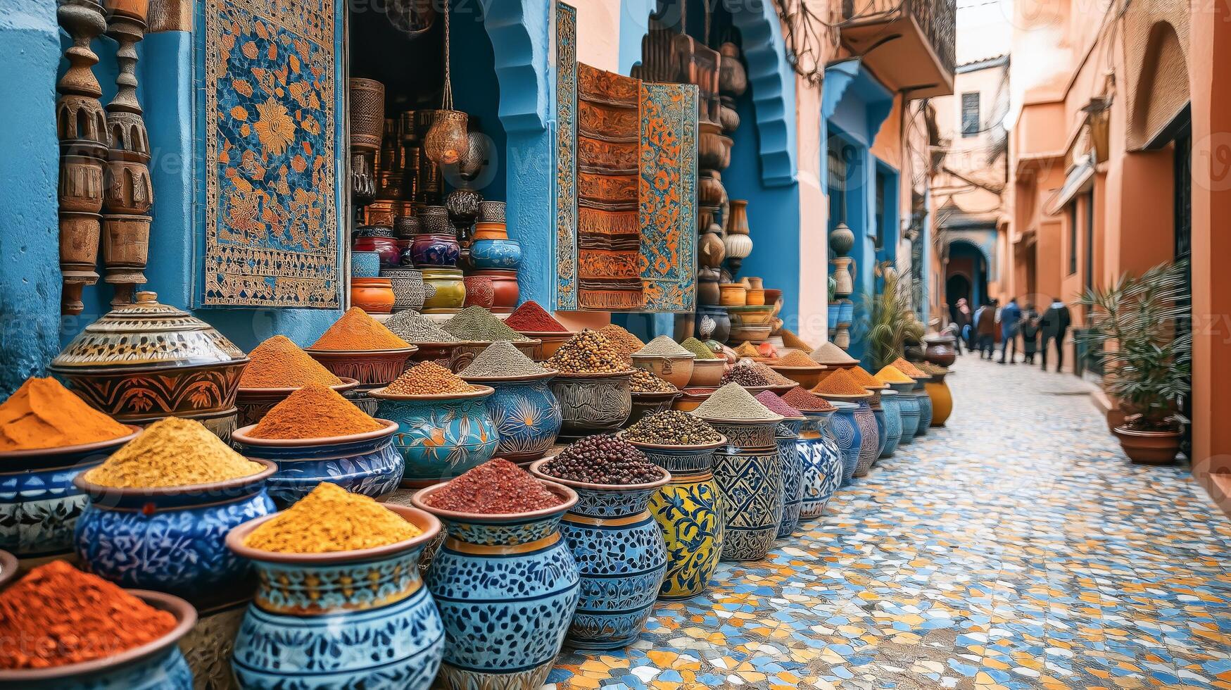 Vivid piles of spices in decorative containers line a narrow street in a Moroccan market where visitors admire vibrant colors and unique aromas. photo