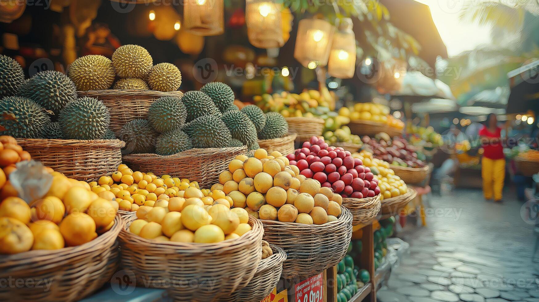 Vibrant assortment of fresh fruits is arranged in woven baskets at a bustling outdoor market. Warm sunlight enhances the lively atmosphere and vivid colors of the produce. photo