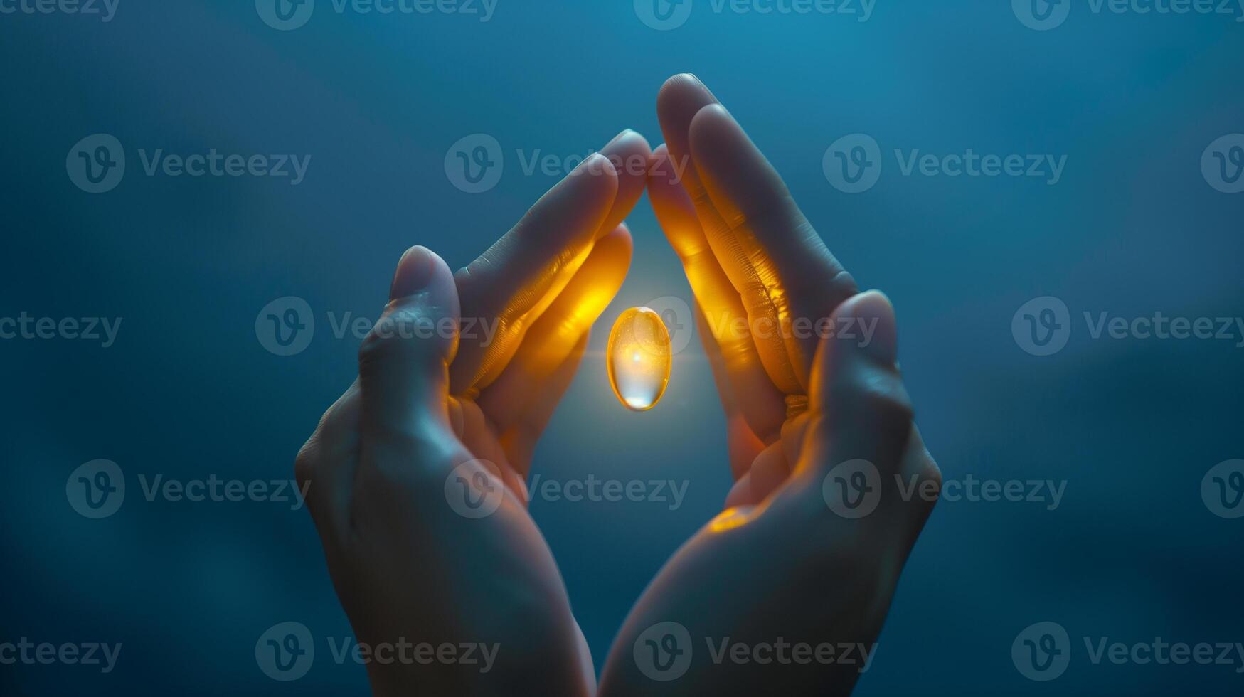 This Hands delicately hold a glowing capsule, symbolizing advancements in longevity and health science. photo