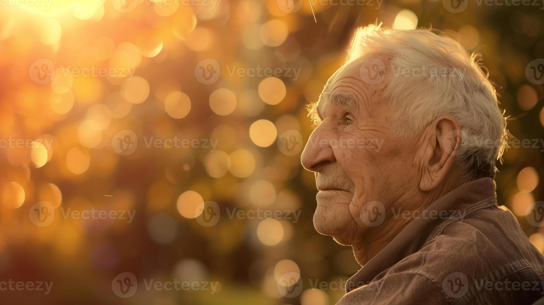 This elderly man thoughtfully reflects in the warm glow of sunlight in a peaceful setting. photo