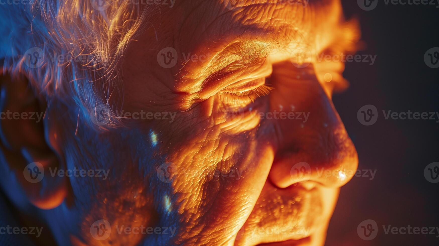 This Close-up view of an elderly man's face showing signs of aging, symbolizing longevity research. photo