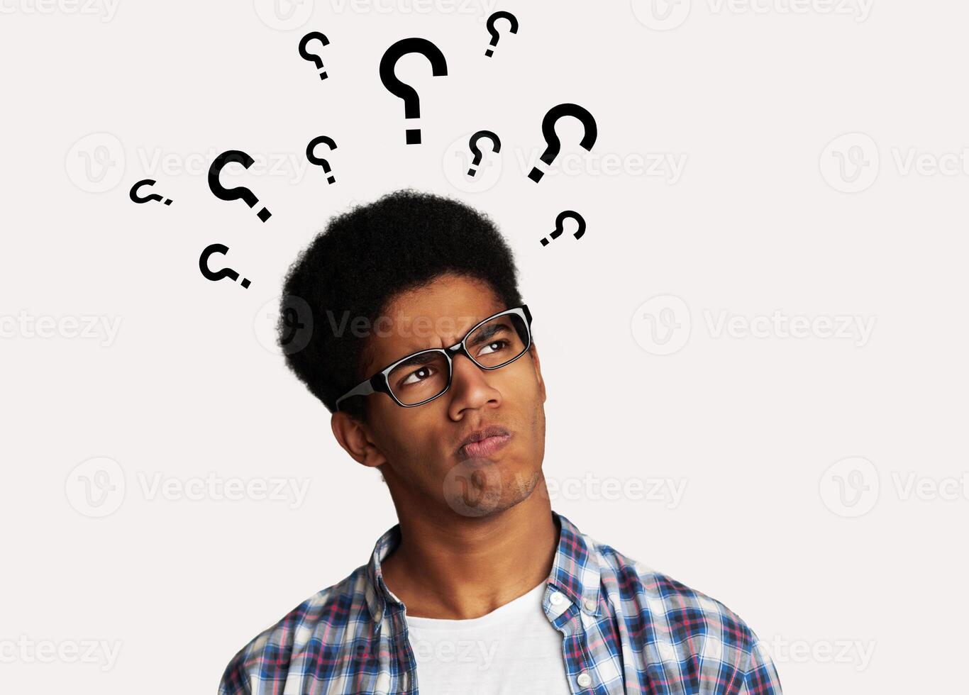 Confused Afro Guy Has Too Many Questions and No Answer, White Background photo