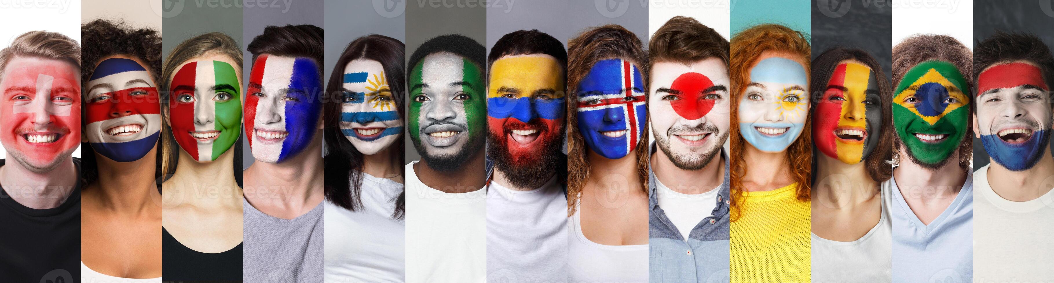 Collage of sport fans faces painted into various football countries national flags. Sports fan support, faceart concept photo