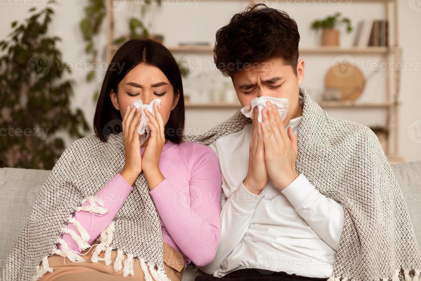 Sick Japanese Spouses Sneezing Having Cold, Blowing Nose In Paper Napkin Sitting On Couch At Home. Ill Asian Couple On Self-Isolation. Seasonal Flu, Allergy, Sinusitis And Rhinitis Illness Concept. photo