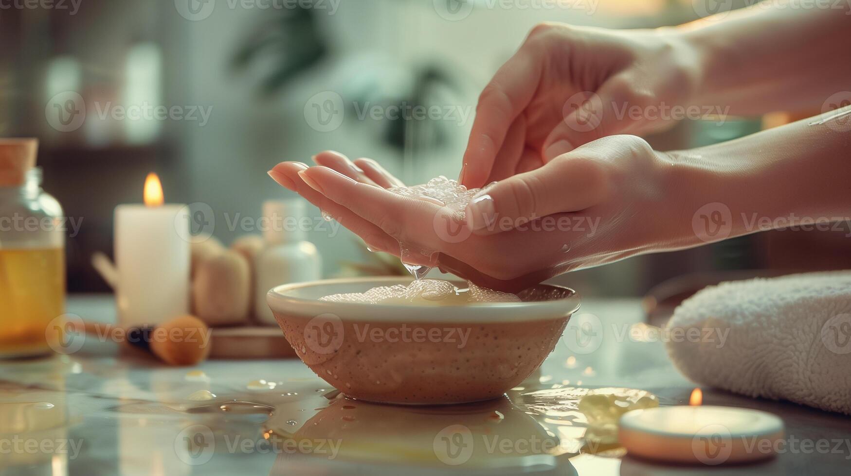 This Hands gently massage bubble soak in a bowl, creating a soothing atmosphere for nail care. photo