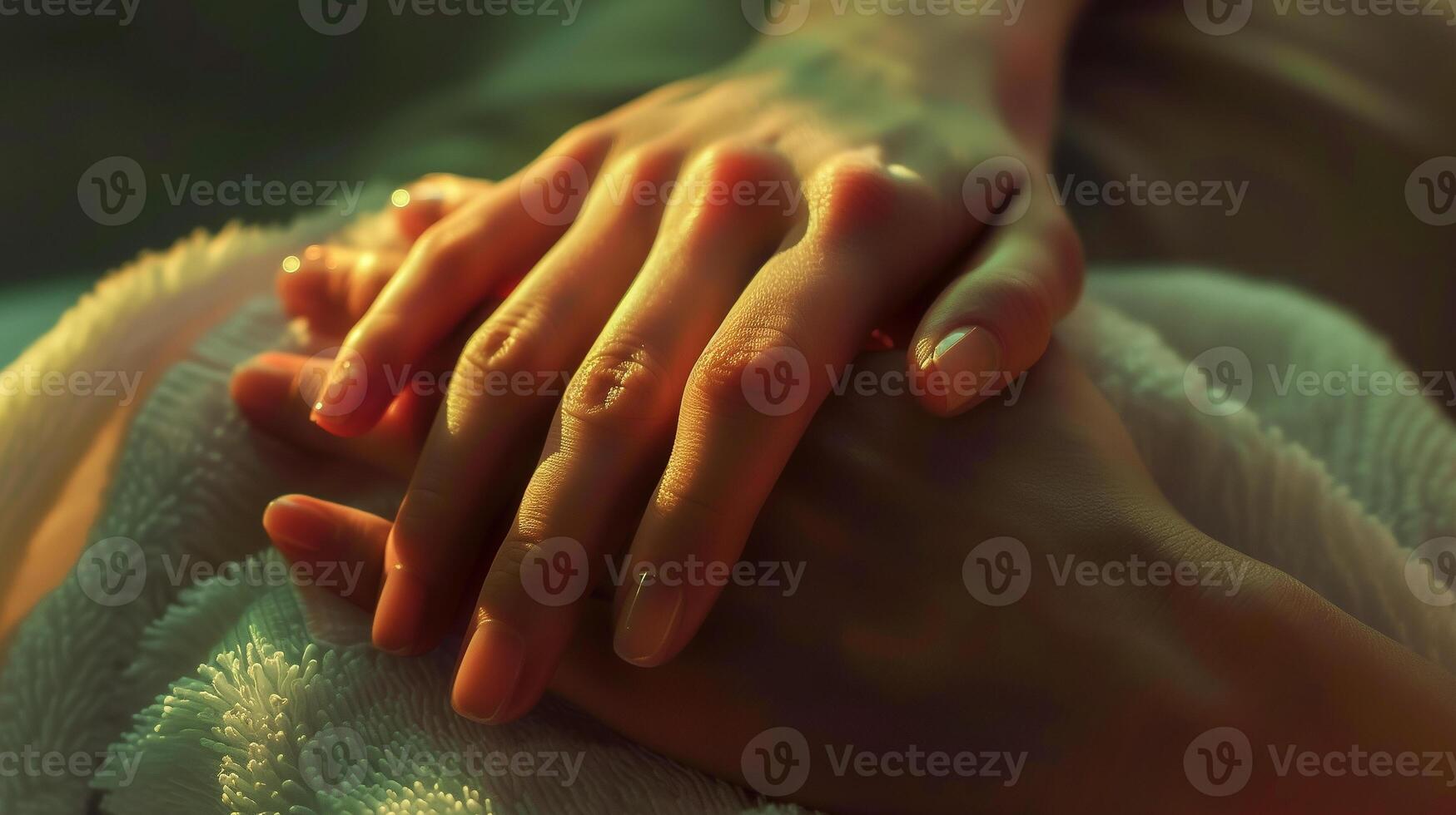 This Hands gently rest, showing polished nails after a relaxing manicure session. photo