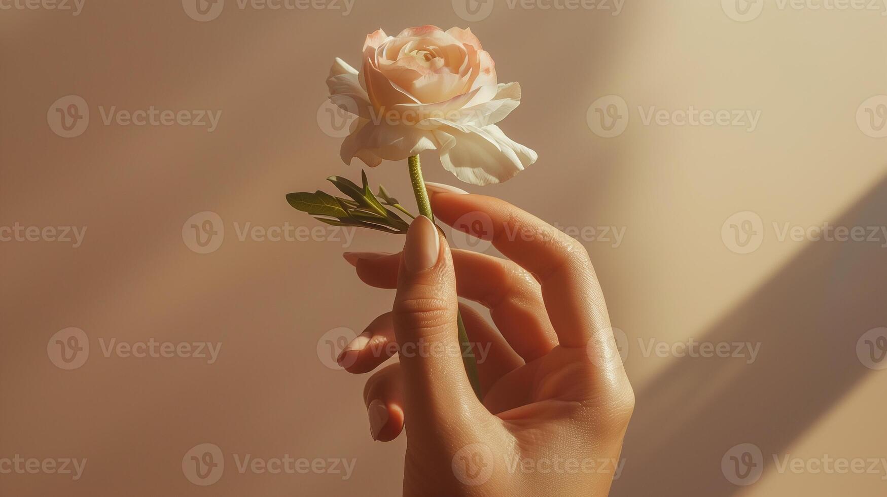 This Hand displays a beautifully manicured nail while gently holding a soft flower. photo