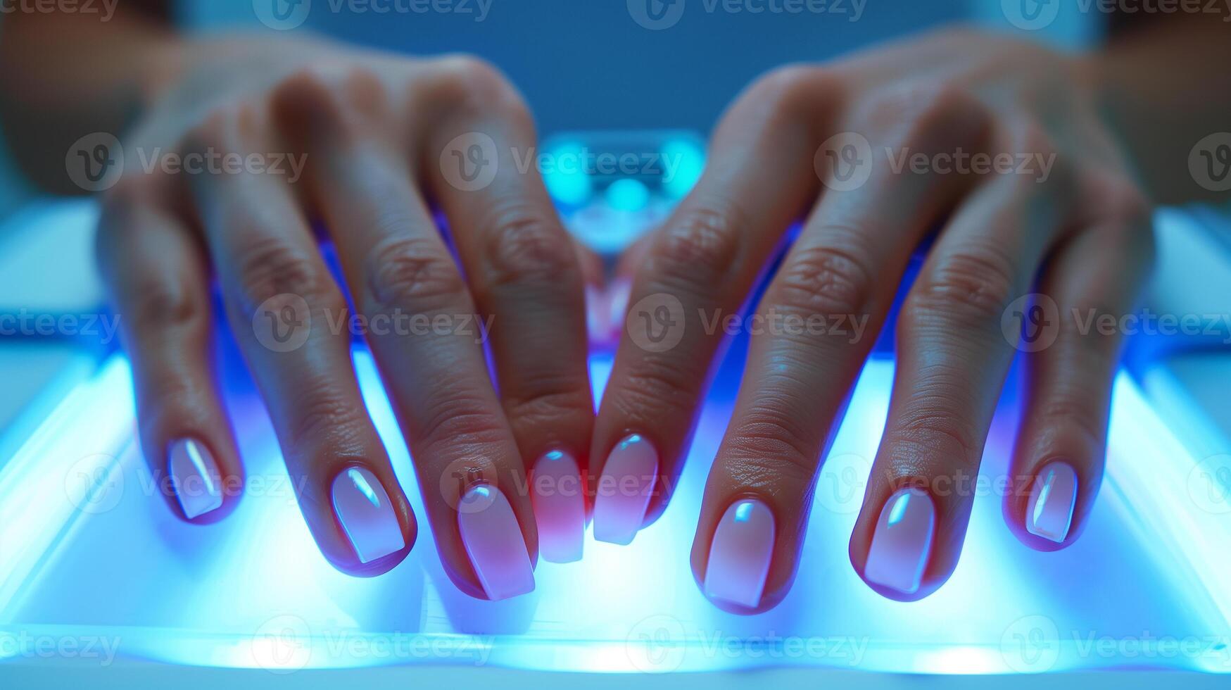 This Hands with manicured nails are receiving treatment under bright lighting in a nail salon. photo