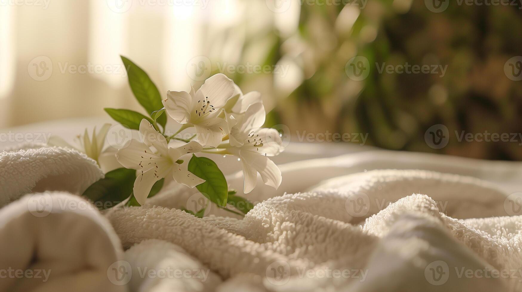 This tranquil setting showcases fresh flowers resting on soft linens, perfect for a nail care session. photo