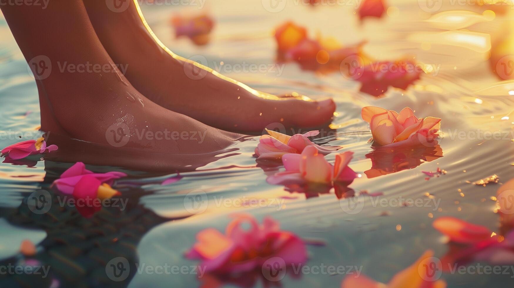 This Feet gently immersed in water surrounded by colorful flower petals during a wellness session. photo