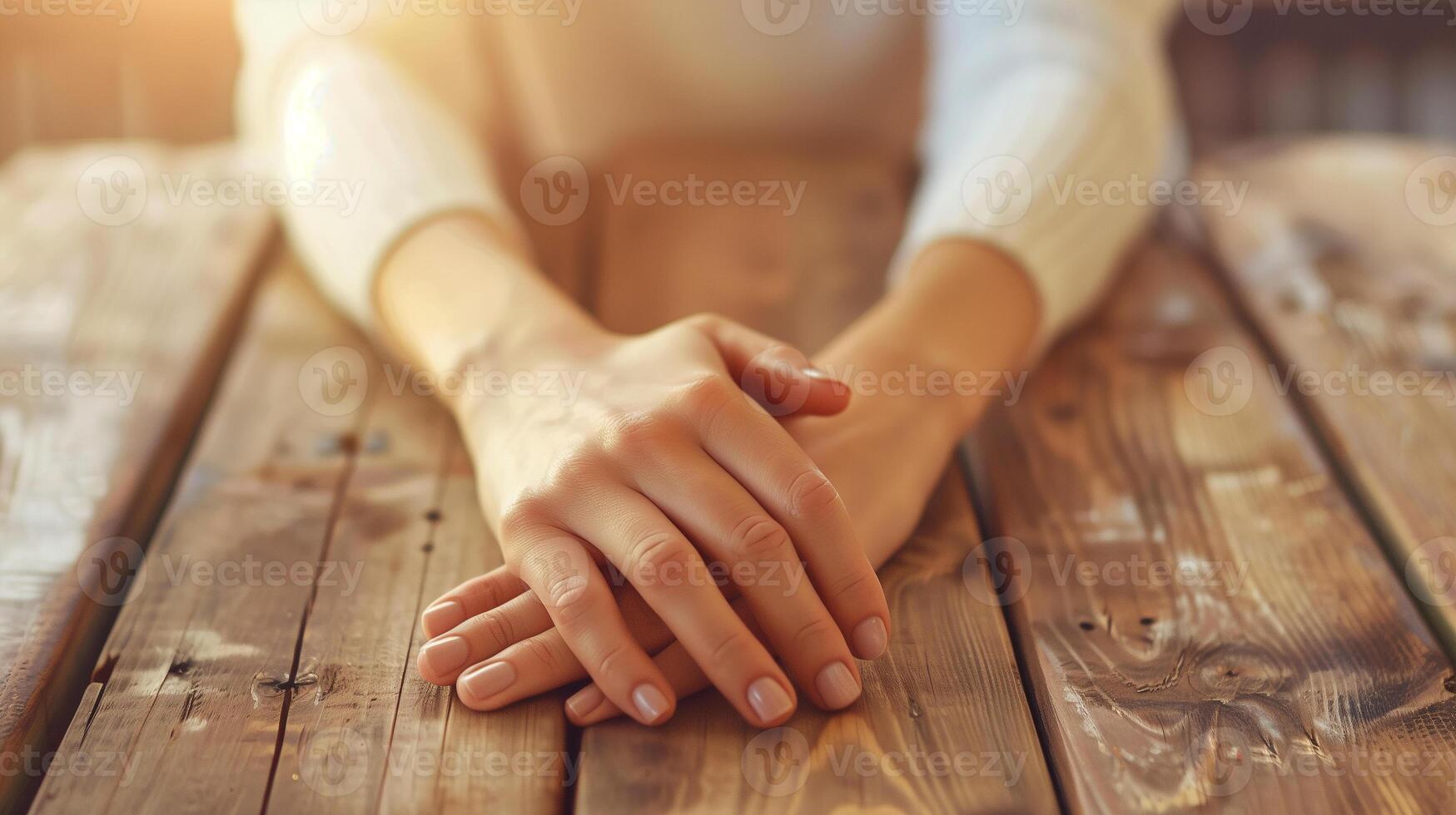This Hands rest on a wooden table after a relaxing nailcare session, featuring nailart and handcare. photo