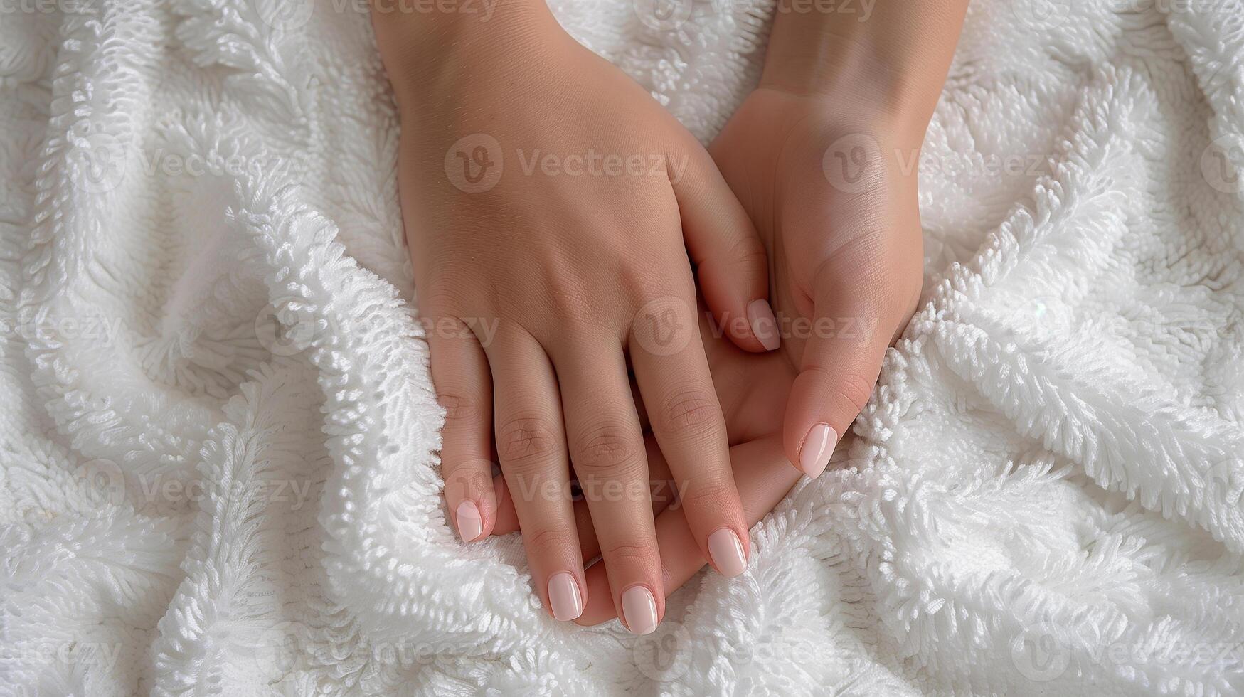 This Hands with soft, light pink manicure are placed gently on a cozy white blanket. photo