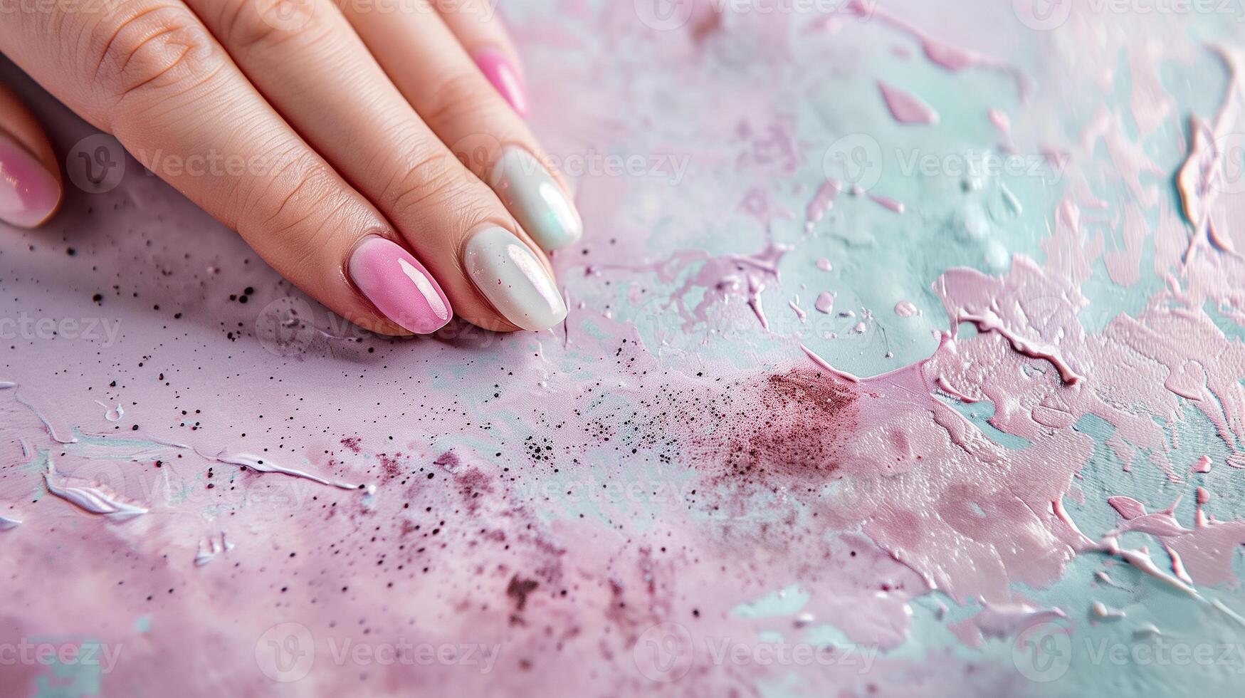This Hands showcase a stunning pastel nail design with meticulous detailing on a creative background. photo