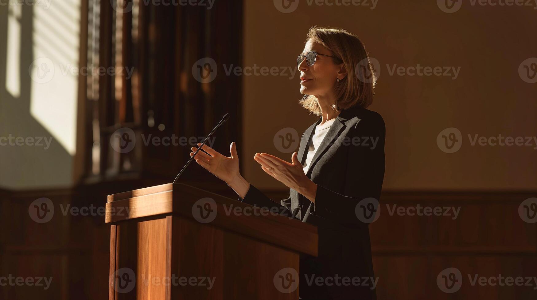 This lawyer passionately speaks to an engaged audience at a conference on advocacy. photo