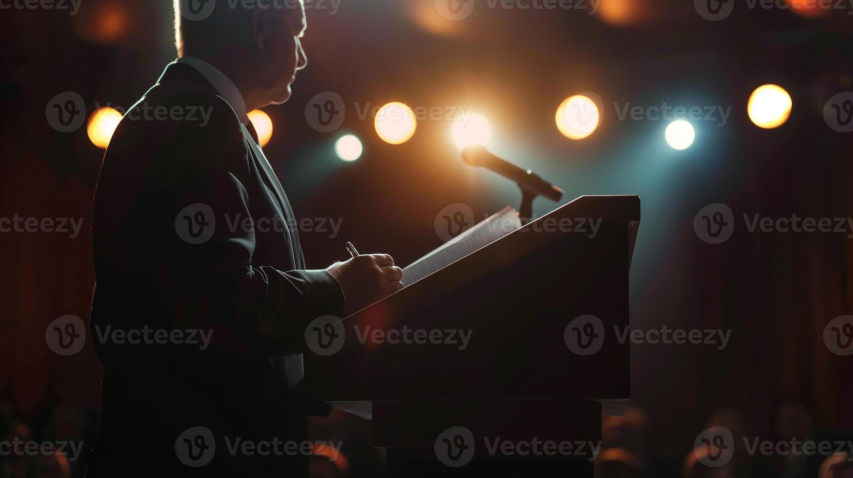 This lawyer shares key advocacy points from a podium at a lively conference. photo