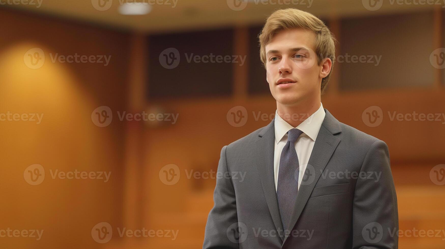 This lawyer confidently speaks at a podium in a well-lit conference room while engaging the audience. photo