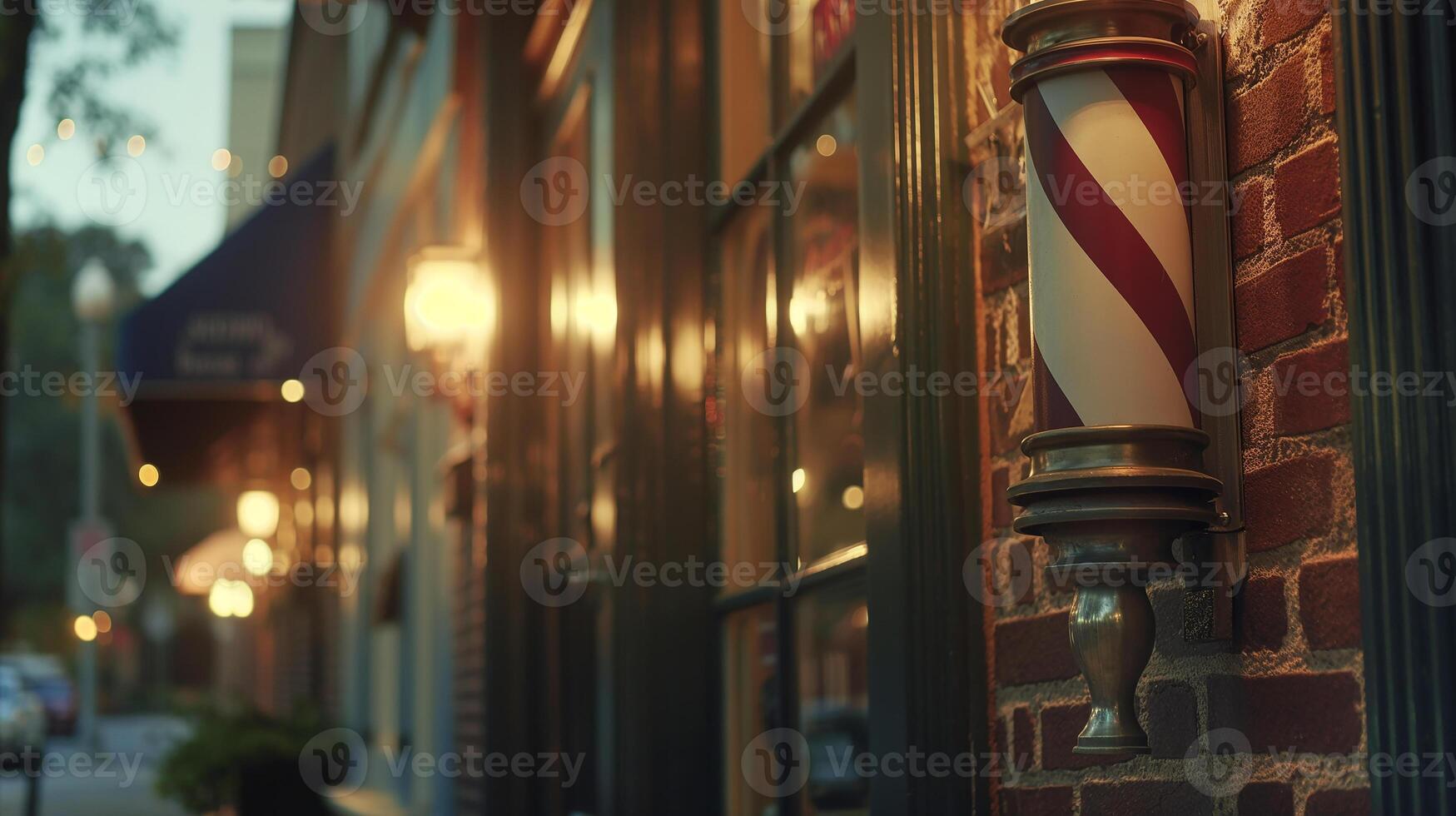This cozy barbershop exterior features warm lighting and classic barber pole waiting for clients. photo