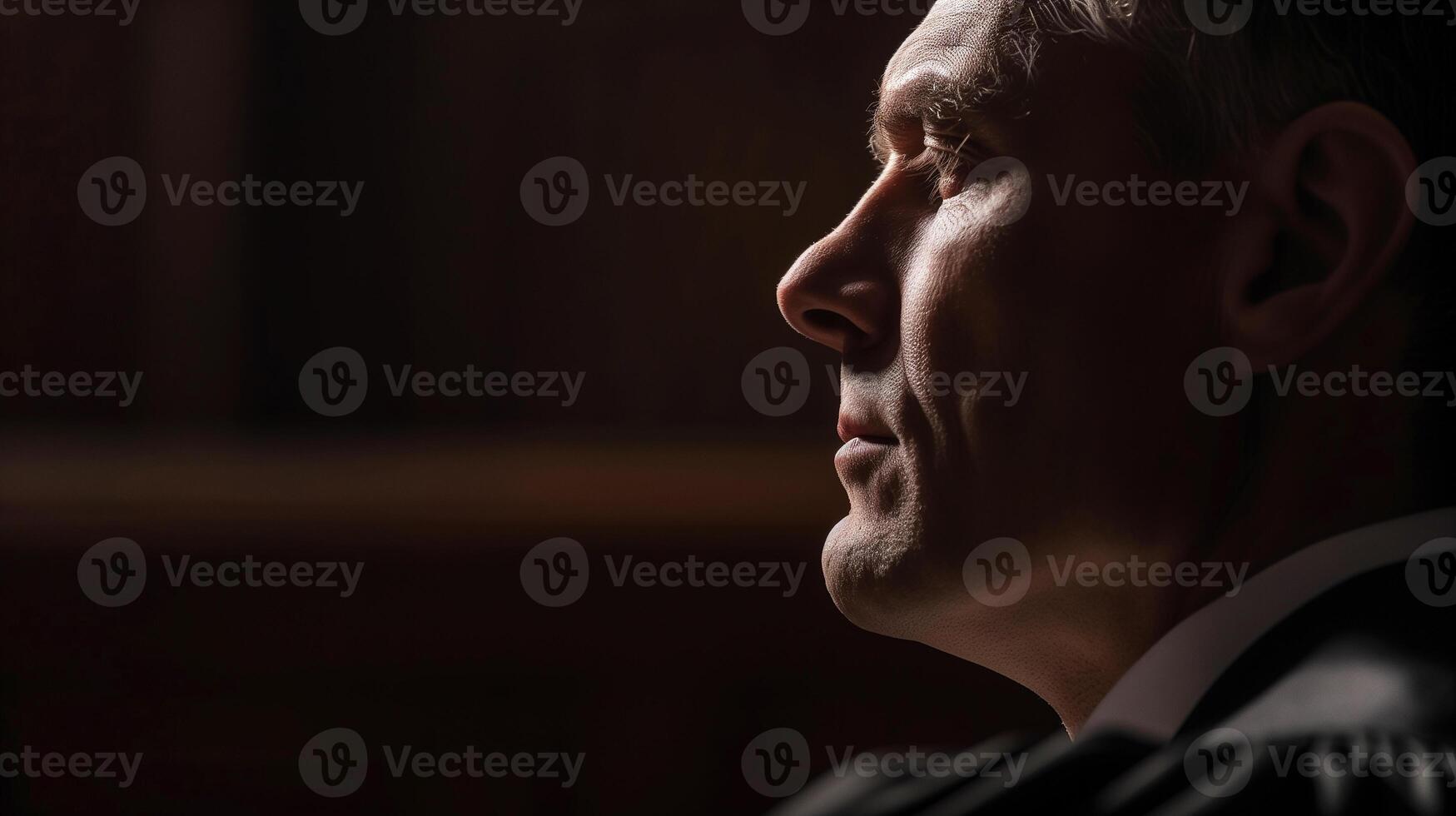 This Confident judge in profile looking forward, warm light on face, dark courtroom background, serious mood photo