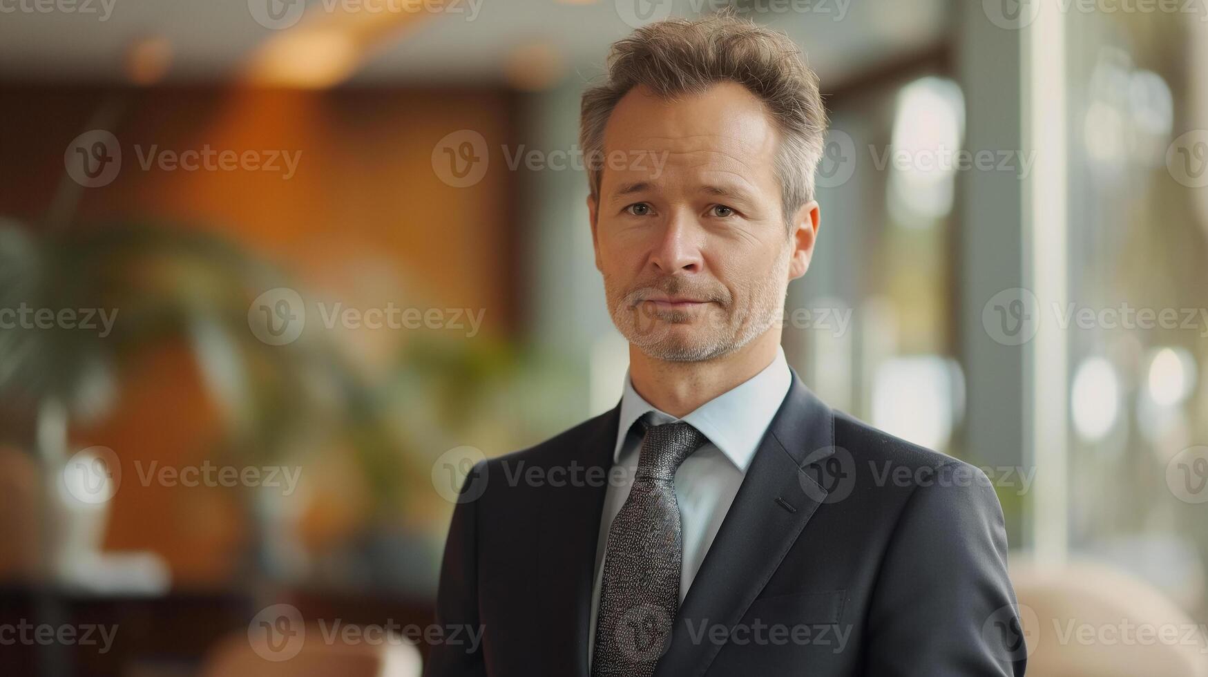 This lawyer stands confidently in a well-lit conference room, ready to speak on advocacy topics. photo
