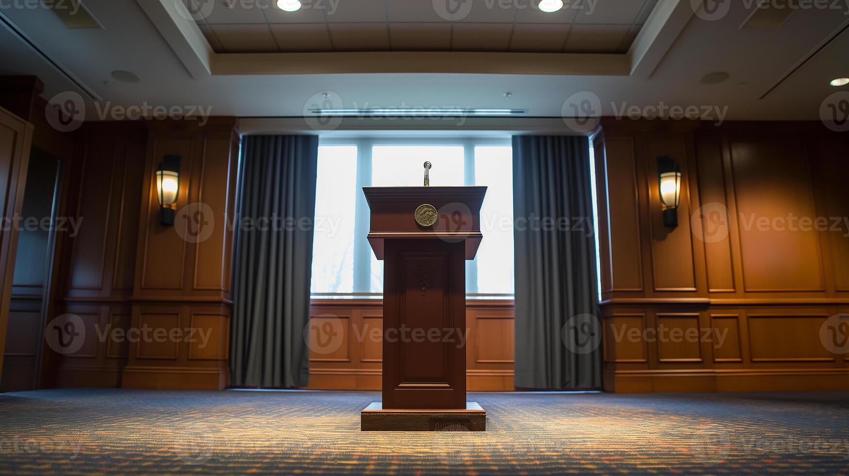 This professional conference room is prepared for a public speaking event with a podium ready. photo