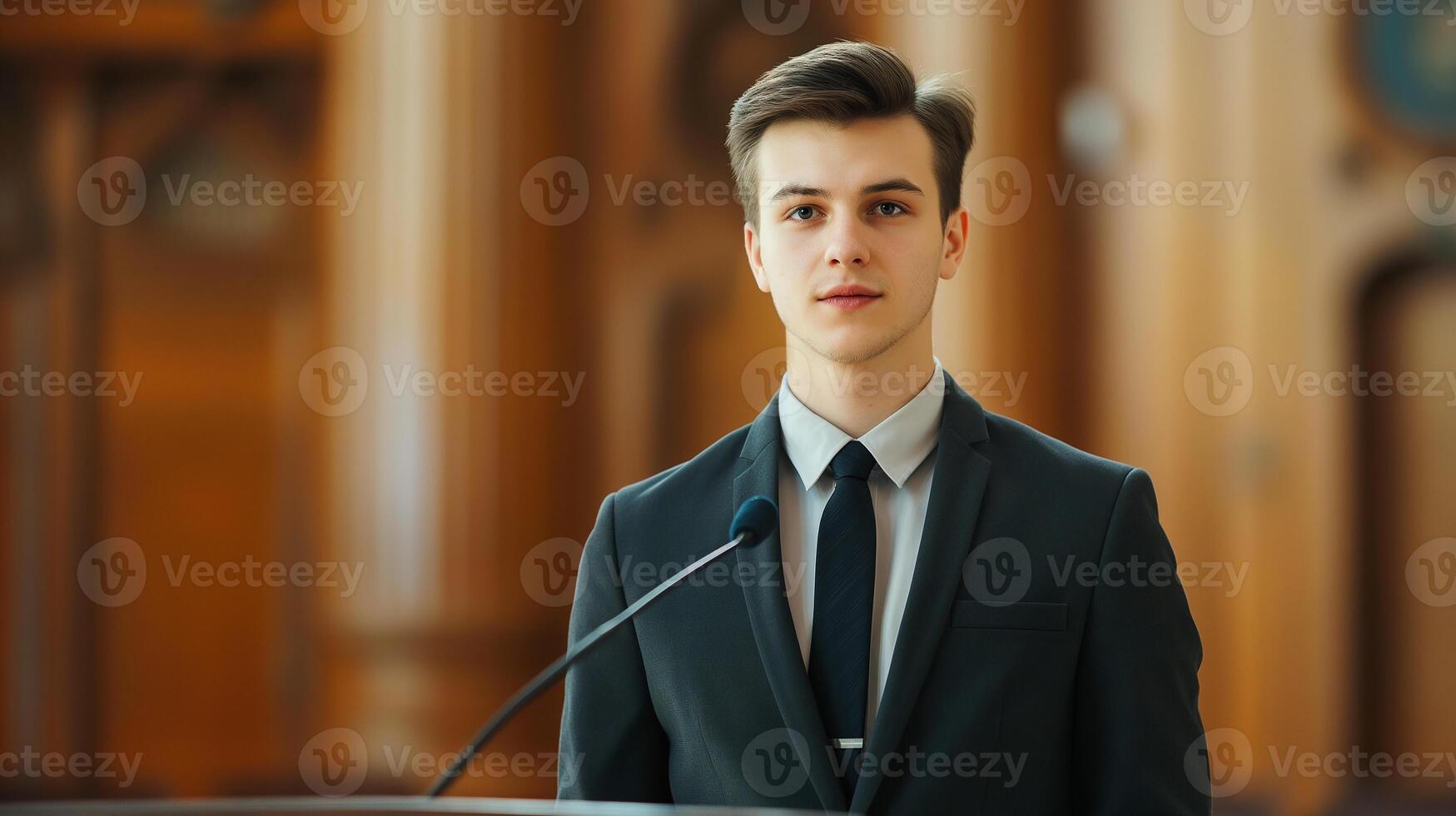 This Young lawyer confidently at podium, poised to share key advocacy strategies at conference. photo