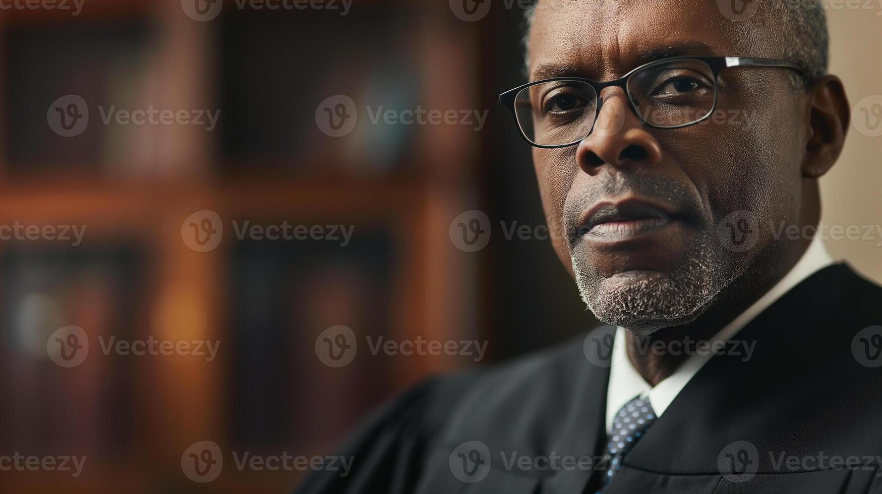 This Serious judge looking forward with confidence, warm lighting, courtroom background photo
