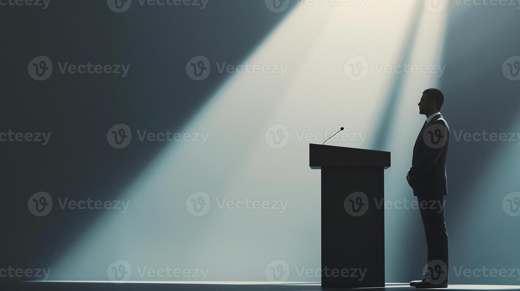 This lawyer stands confidently at a podium, preparing to address the audience at a conference. photo