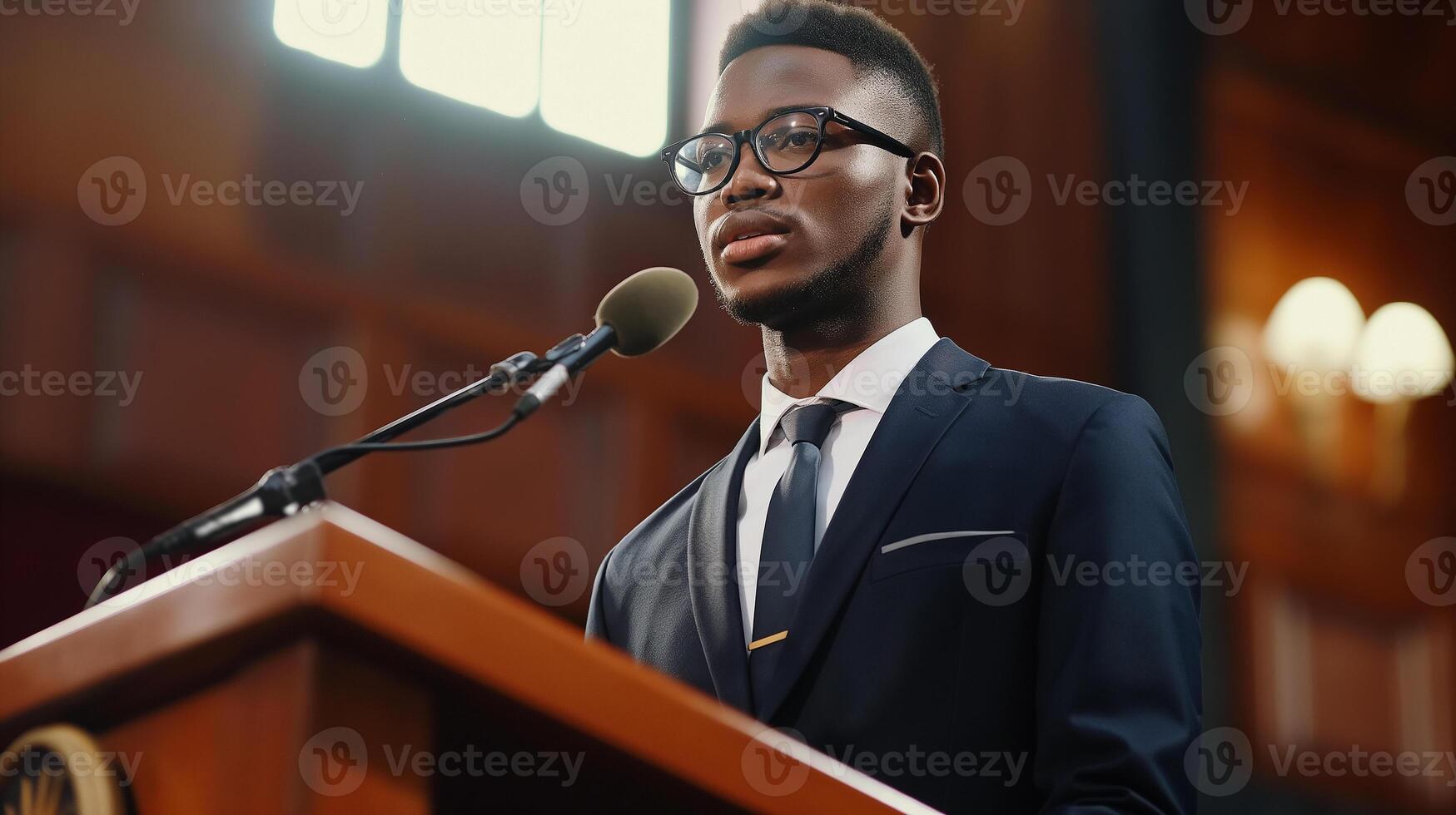 This lawyer presents arguments at a podium during a conference, engaging the audience effectively. photo