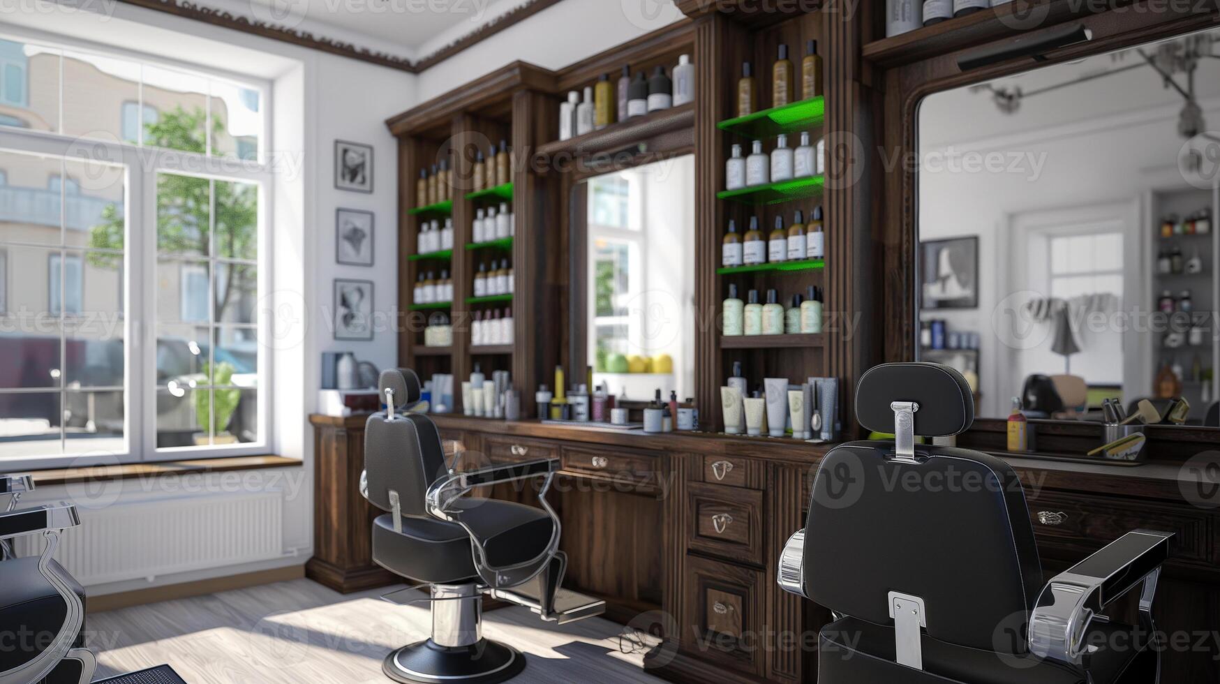 This chic grooming space with two barber chairs, a mirror, and shelves of grooming products. photo