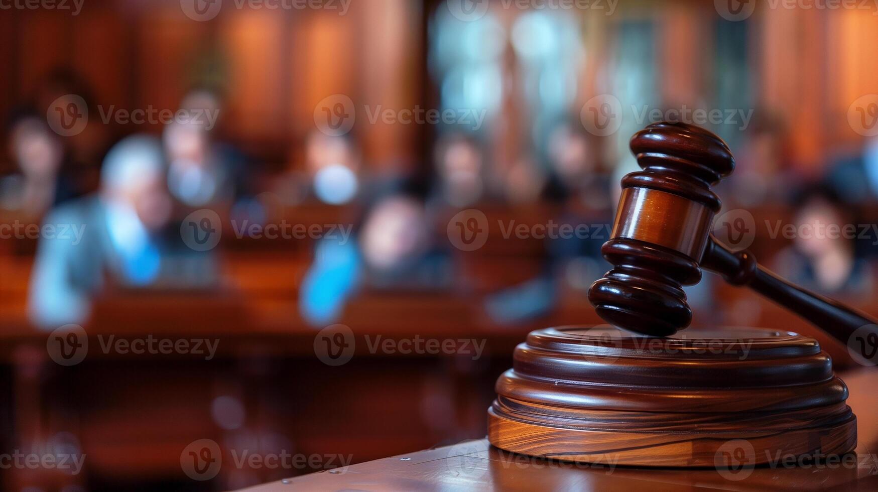 This Judge's gavel in sharp focus on podium, blurred jury members visible in background, warm courtroom light photo