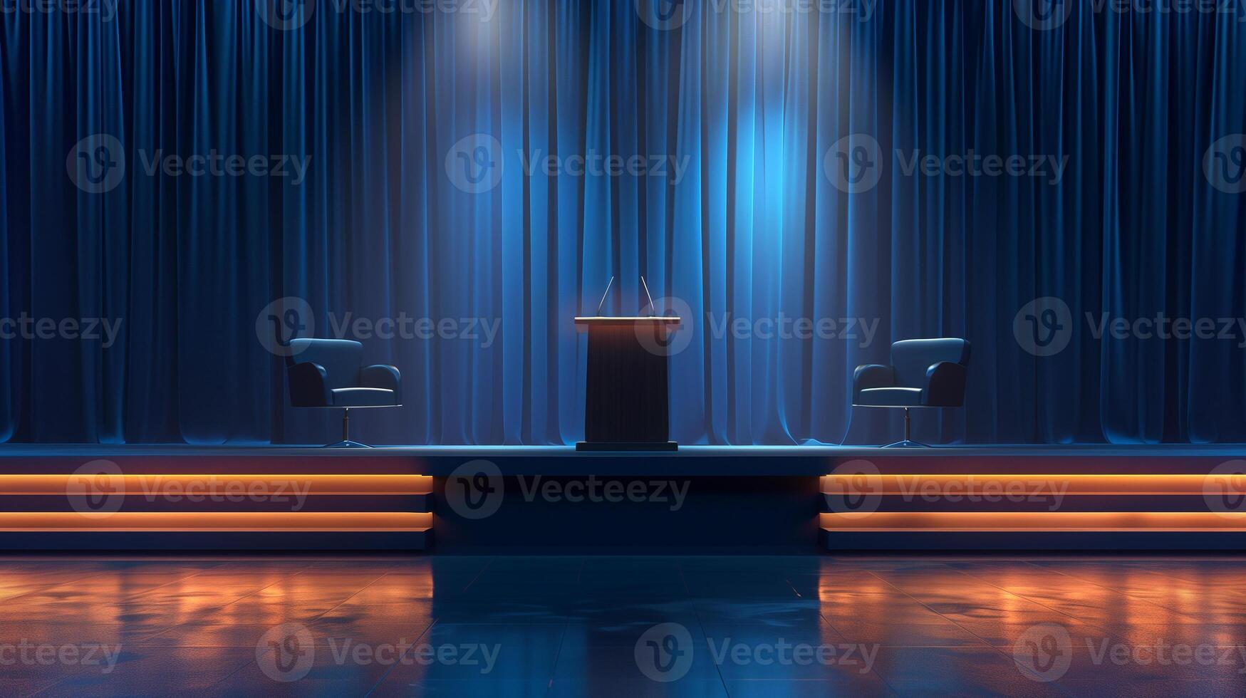 This spacious conference room is set up for a speaking engagement with a podium and two chairs. photo