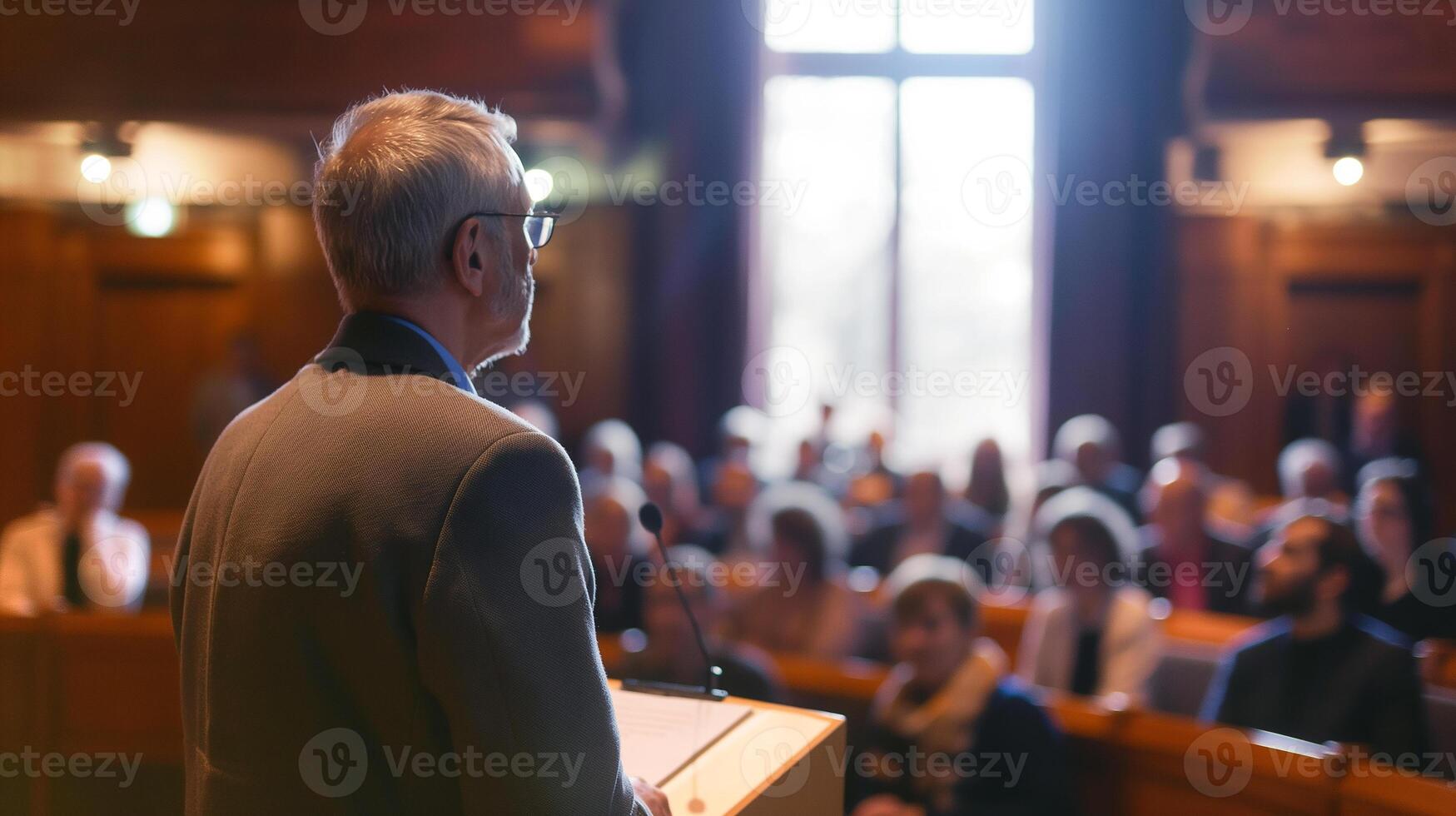 This lawyer stands at a podium addressing an audience during a legal conference in an elegant setting. photo