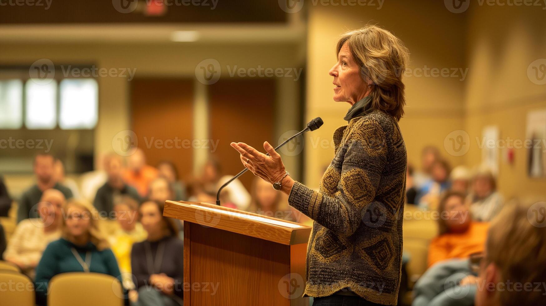 This speaker passionately addresses an audience in a conference room, sharing insights on advocacy. photo